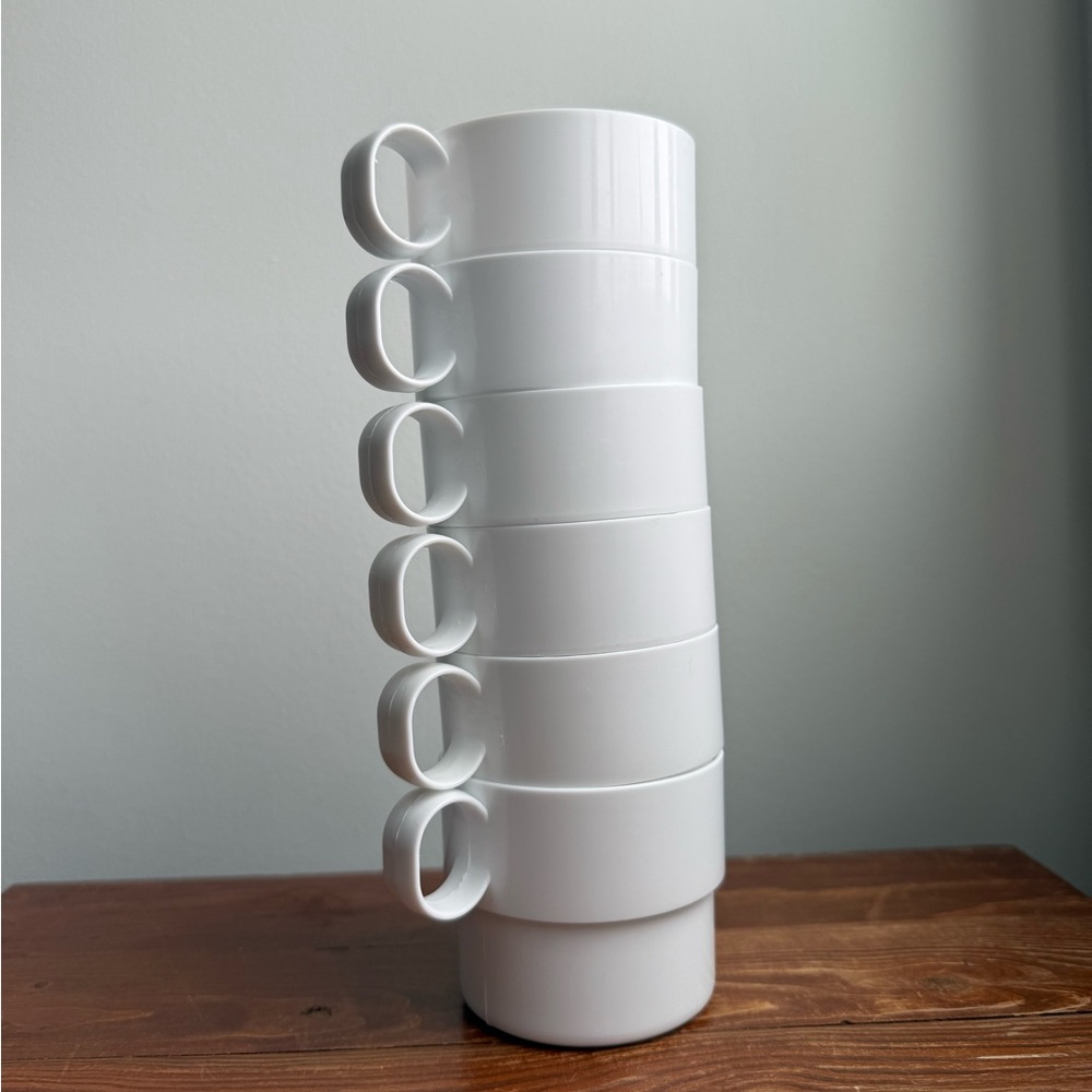 6 Stacking White Plastic Mug Cups Made in Thailand Post Modern Style